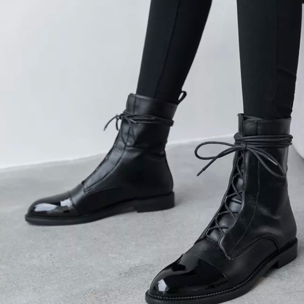 RESTOCKED! Milano Black Leather Lace Up Brogue Boots - Picture 2 of 12